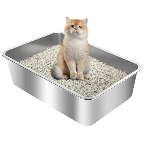 CIGAA Katzentoilette aus Edelstahl, 50 L x 35 B x 15 H cm, extra große Metall-Katzentoilette für Katzen, Kaninchen, nimmt nie Gerüche auf, fleckenfrei, rostfrei, antihaftbeschichtet, glatte Oberfläche von CIGAA