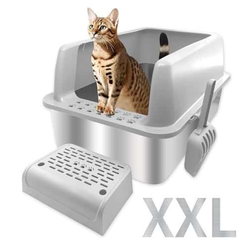 CIGAA Katzentoilette aus Edelstahl, 60L x 40B x 30H cm Extra Große Katzentoilette mit Deckel, Hochseitiges Gehege, 20L Katzentoilette mit Schaufelmatten für alle Katzen, nicht klebrig, Anti-Auslaufen von CIGAA