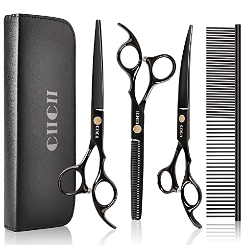 CIICII Hundepflege-Scheren-Set, CIICII 7-Zoll-Profi-Haustierscheren-Set, Hunde-/Katzenhaar-Ausdünnung, Trimm-Schneideschere mit gebogener Schere für Heimwerker-Salon, robust, Schwarz, 9-teilig von CIICII