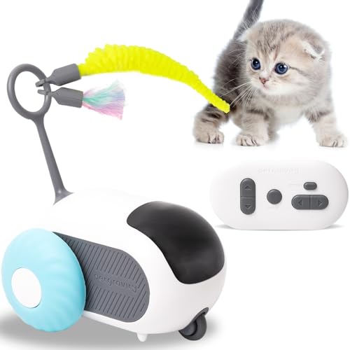 Katzenspielzeug Selbstbeschäftigung, Katzenspielzeug Elektrisch, Interaktives Katzenspielzeug mit 2 Federn, Steuerbare Drehzahl, Intelligenz Fernbedienungsmodus Plus Automatikmodus, USB-C-Aufladung von CIMOYBAI