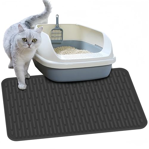 Katzenklo Matte, 61 x 38,1 cm, Silikon, wasserdichte Katzentoilettenmatte für Boden, rutschfeste Katzentoilettenmatte mit internen Rillen und Vorsprüngen, Dunkelgrau von CINEZUN