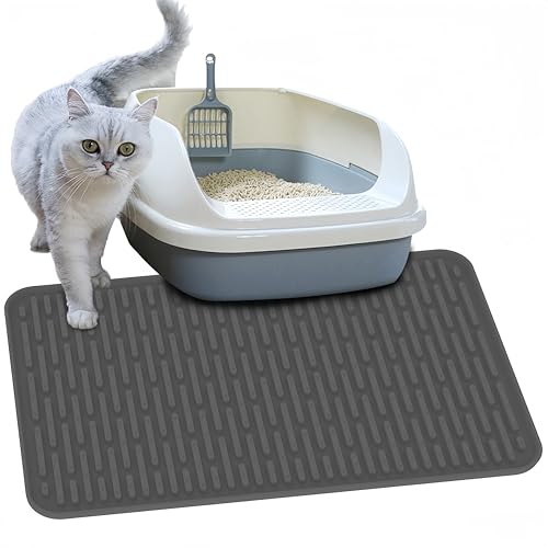 Katzenklo Matte, 61 x 38,1 cm, Silikon, wasserdichte Katzentoilettenmatte für Boden, rutschfeste Katzentoilettenmatte mit internen Rillen und Vorsprüngen, Hellgrau von CINEZUN