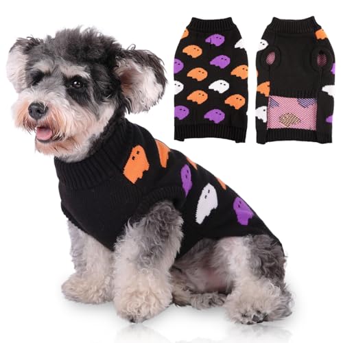 CITÉTOILE Halloween Hundepullover, Schwarz mit Geistermuster Hund Weihnachtspullover, Warm Weich Hunde Strickpullover, Winter Hunde Kleidung für Kleine Mittel große Hunde, Schwarz, L von CITÉTOILE