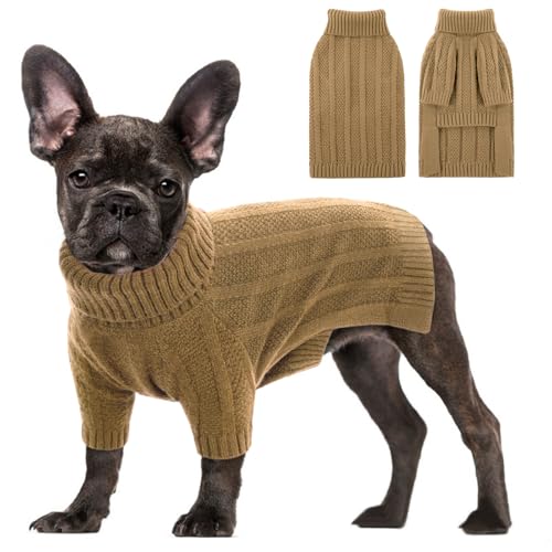 CITÉTOILE Hundepullover Kleine Hunde Warm Hundepulli mit Zopfmuster Winter Hund Pullover Rollkragen Strickpullover für Französische Bulldogge Chihuahua Dackel, Grau, M von CITÉTOILE