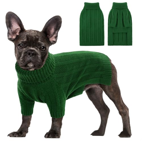 CITÉTOILE Hundepullover Kleine Hunde Warm Hundepulli mit Zopfmuster Winter Hund Pullover Rollkragen Strickpullover für Französische Bulldogge Chihuahua Dackel, Grün, S von CITÉTOILE