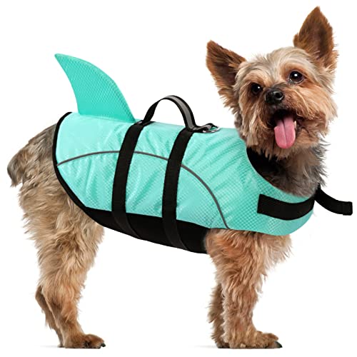 CITÉTOILE Schwimmweste Hund Klein, Hunde Schwimmwesten Hai mit Griff und Reflektierend, Schwimmweste für Hunde mit Haiflosse Haifisch, Shark Dog Life Jacket mit Guter Auftrieb, Hellblau, S von CITÉTOILE