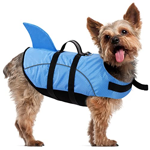 CITÉTOILE Schwimmweste Hund Klein, Hunde Schwimmwesten Hai mit Griff und Reflektierend, Schwimmweste für Hunde mit Haiflosse Haifisch, Shark Dog Life Jacket mit Guter Auftrieb, Pfau Blau, S von CITÉTOILE