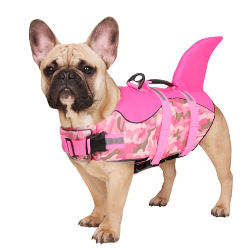 CITÉTOILE Schwimmweste Hunde Hai, Leicht und Sicher für Wassersport, hundeschwimmweste mit Griff und Reflektierend für Kleine Mittlere und Große Hunde, Rosa Tarnung, XS von CITÉTOILE