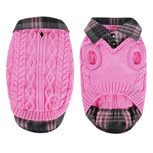 CITÉTOILE Warme Hundepullover, Rollkragen-Strick-Hundepullover mit Karomuster, Welpenkleidung mit Leinenlöchern für Herbst Winter, Warme Mantel Kleidung für Kleine Mittlere Große Haustiere, Rosa, XS von CITÉTOILE