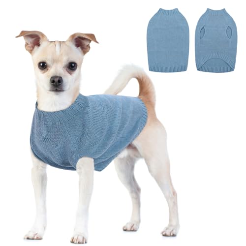 CITÉTOILE Warme Strick Hundepullover, Welpenkleidung mit Leinenlöchern für Herbst Winter, Warme Kleidung für Kleine Mittlere Große Haustiere, Blau, M von CITÉTOILE