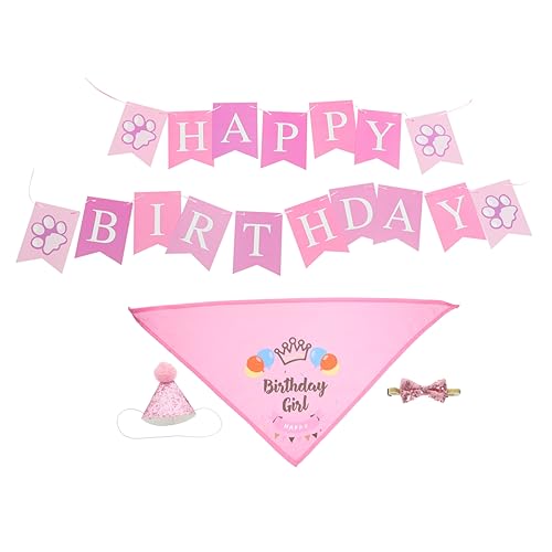 CIYODO 1 Satz Katzen-Geburtstags-Outfit Alles Zum Geburtstag-Banner Hundegeburtstagsmütze Katzengeburtstagsbanner Alles Zum Geburtstag Dekorationen Hundebandana Baumwolle Rosa von CIYODO