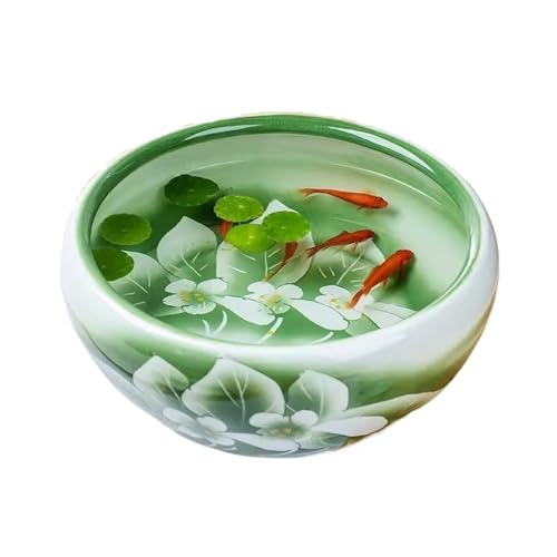 Terrarium Handbemalter Keramik-Aquarium mit grünem Lotus-Finish for den Schreibtisch, Futterbehälter for Goldfische und Schildkröten, runder Keramik-Übertopf Insekten Schildkröten(24x24x12cm) von CJHFR472SG