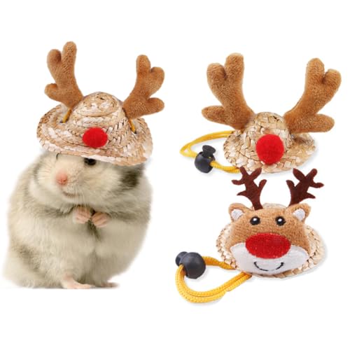 Mini-Strohhut für Hamster, Sombrero, kleiner Hut mit Geweih, gewebter Hut, kleines Haustier, Weihnachts-Kopfbedeckung, Kopfzubehör für Hamster, Eidechse, Meerschweinchen, Ratten, 2 Stück von CJKDXDH