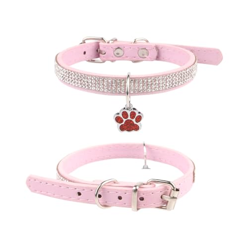 Strass-Hundehalsband mit Pfote, Leder, Kristall, Schmuck, funkelnde Pfoten-Anhänger für Haustiere, Katzen, kleine Hunde, schickes PU-Leder-Hundehalsband, Rosa von CJKDXDH