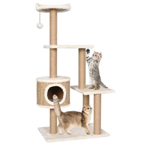 CLALER Kratzbaum für Katzen mit 1 Plüschbällen, Höhe 123 cm, Katzenbaum mit Plüsch, gemütliche Liegefläche & Höhle, für kleine & große Katzen, Beige von CLALER