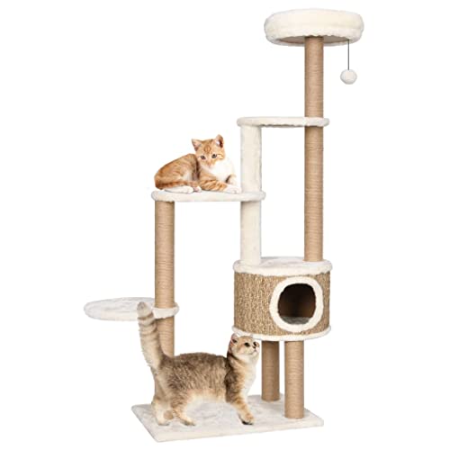 CLALER Kratzbaum für Katzen mit 1 Plüschbällen, Höhe 148 cm, Katzenbaum mit Plüsch, gemütliche Liegefläche & Höhle, für kleine & große Katzen, Beige von CLALER