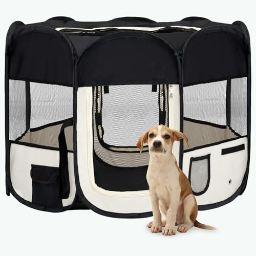 CLALER Welpenlaufstall Tierlaufstall Faltbar 125x125x61 cm für Kleintiere Hunde, Katzen, Hundelaufstall Freigehege Polyester Indoor & Outdoor, Schwarz von CLALER