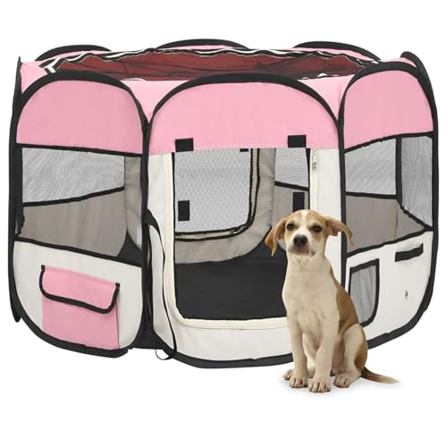 CLALER Welpenlaufstall Tierlaufstall Faltbar 145x145x61 cm für Kleintiere Hunde, Katzen, Hundelaufstall Freigehege Polyester Indoor & Outdoor, Rosa von CLALER