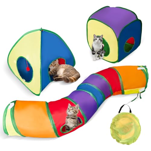 3 in 1 Regenbogen Katze Tunnel Spielzeug - Faltbare Katzen Spielen Tunnel Würfel Zelt, Katze Interaktives Labyrinth Spielzeug, Tunnel Spielzeug Geschenke für Haustiere Kätzchen Welpen Kaninchen von CMANLNYK