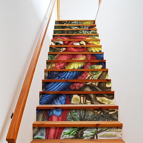 COALHO Retro Abstrakter Papagei Selbstklebend Wasserdicht Treppenerhöhung Treppe Aquarell Sommer Tropischer Wald Papagei für Innen- und Außentreppe 100CMx18CMx2 Set von COALHO