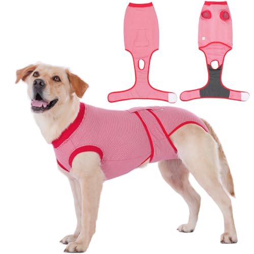 COHYVER Chirurgischer Einteiler für Hunde, professioneller Hundeanzug für chirurgische Genesung, Hundehose gegen Lecken, Ersatz für E-Halsband und Kegel, rote Streifen, Größe XXL (Brustumfang: 76 cm, von COHYVER