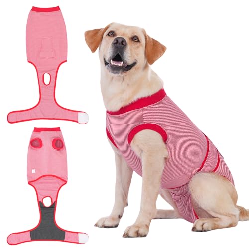 COHYVER Chirurgischer Einteiler für Hunde, professioneller Hundeanzug für chirurgische Genesung, Hundehose gegen Lecken, Ersatz für E-Halsband und Kegel, rote Streifen, Größe XXXL (Brustumfang: 87,9 von COHYVER