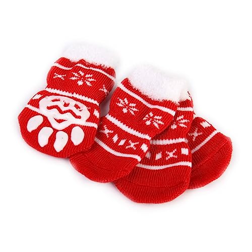 COLLBATH 4-teilige Weihnachtssocken für Hunde für Welpen und Katzen Rot Größe rutschfeste Baumwollsocken für Haustiere warme und Bequeme Unterseite von COLLBATH