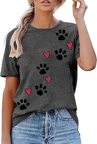 Hundepfoten-T-Shirts für Hunde, Mutter, Katze, Mama, lässiger Haustier-Fußabdruck, grafisches Oberteil für Frauen, Grau, 2XL von COLORFUL BLING