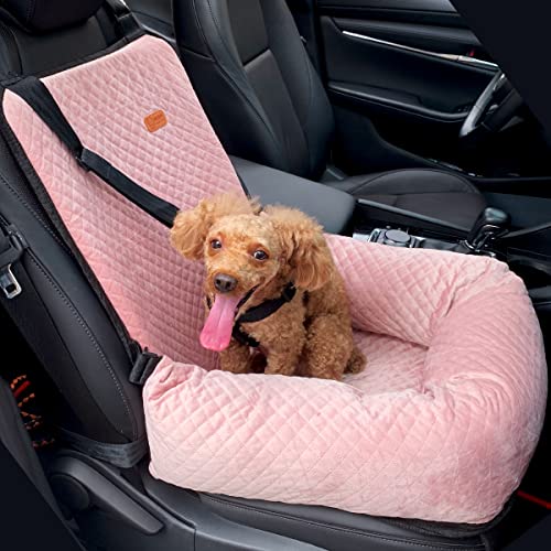 Waschbarer Hundeautositz für mittelgroße und kleine Hunde, Haustier-Sitzbett mit Sicherheitsgurtleine für Welpen, Katzen, Reisen, Samt und weiche Füllung (Rosa) von COLORSPRING