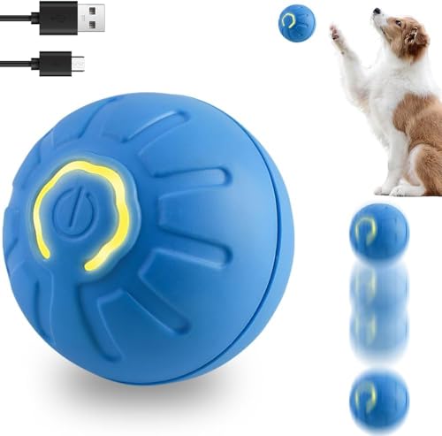 Interaktiver Interaktiver Hundeball, Wiederaufladbare Katzenspielzeugbälle, Hund Rollball mit LED-Licht, Langlebiger High Bounce Schwimmender Gummi Hundeball für Kätzchen, Welpen (Blau) von COMBLU