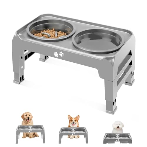 Erhöhter Hundenapf, 3 höhenverstellbar, erhöhter Hundenapf mit langsamem Fressnapf und Wassernapf, verstellbar auf 7 cm, 15,2 cm, 19,1 cm, für kleine, mittelgroße Hunde, Grau von COMESOON