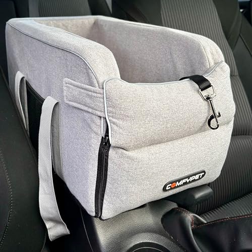 COMFYPET Hunde-Autositz – Mittelkonsole Booster Sitz – sicherer, stabiler, waschbarer Reise-Haustier-Autositz für Auto-Armlehne mit erweiterbarer Netztasche, verstellbarer Leine und PVC-Bodenplatte von COMFYPET