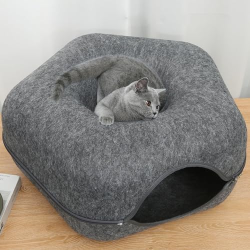 Katzen -Tunnelbett für Innenkatzen,Das warme Versteck der Katze, Filzkatze Donut Kratzfest und waschbarer und Abnehmbarer runder Filzkatzendonut -Tunnel,Dark Grey-L von COMOCE