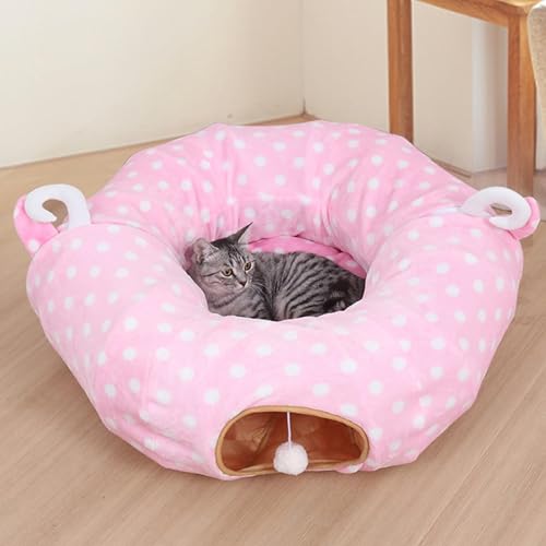 Katzenbett-Tunnel, Warmes Versteck für Katzen, Katzentunnelbett mit Matte, runder Unterlage, Plüschballspielzeug, multifunktionales Katzenrohr, große Katzenhöhle,Pink Rosa von COMOCE