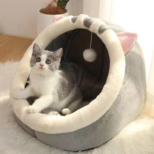 Katzenbett für Innenkatzen,Katzenhidne Höhlenbett Beruhigungsnest Katzenbett Katzenbett Höhle geschlossene Katze Nest gemütlich mit hängenden Spielzeug,Gray Grau von COMOCE