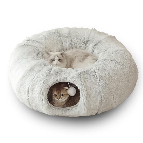 Katzentunnelbett, Indoor-Katzenversteck, Katzen-Donut-Tunnel,Warm und gemütlich,Plüsch-Katzentunnel mit Bett, S-förmiges, Flauschiges Katzenhöhlenrohr,Grey Grau von COMOCE