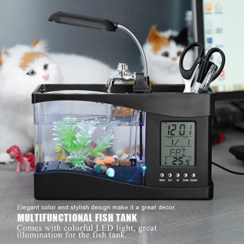 USB Wiederaufladbares Multifunktionales Mini-Aquarium, mit Uhrfunktion, LED-Licht (Schwarz) von COMTERVI