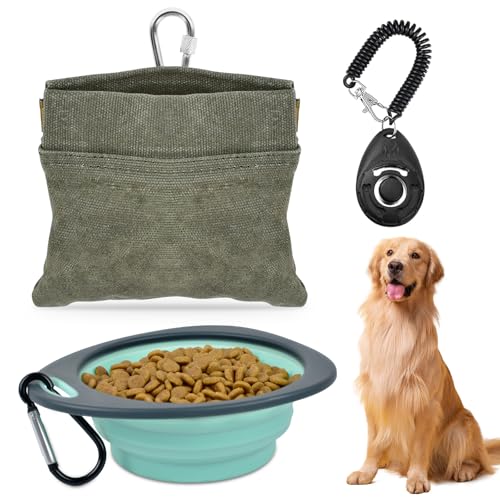 CONLI Hundeleckerli-Beutel-Set, tragbare Leckerli-Tasche für Hundetraining, mit faltbarem Napf und Trainings-Clicker, automatisches Schließen, für Haustier-Snack, Belohnungstasche, Leckerlibeutel für von CONLI