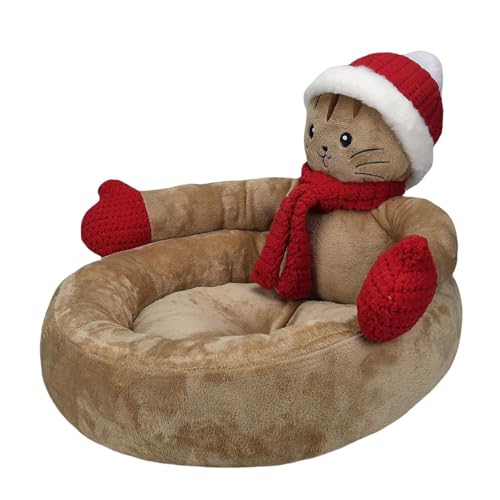 Haustierbett mit weihnachtlichem Thema, weiches Flanell-Haustierbett, 3D-süße Katze, warm, gemütlich, Winter-Katzenbett, rutschfest, waschbar, Haustiermatratze, Katzenbett S/M/L für Katzen von COOBAA