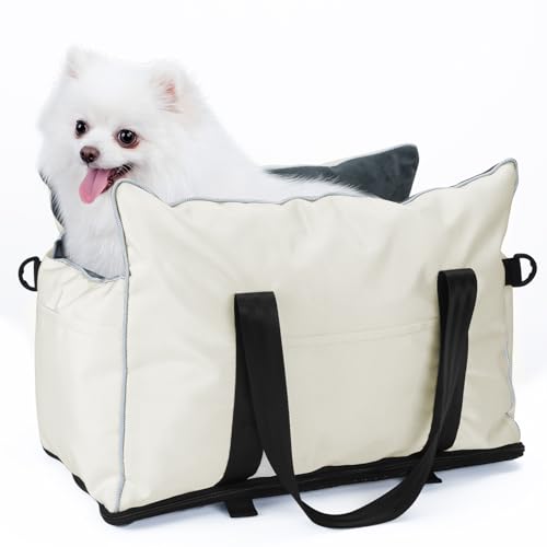 COOLBEBE Hundeautositz für kleine Hunde, Mittelkonsole Hunde Autositz, weicher Haustier-Boostersitz für Welpen mit Aufbewahrungstaschen, unterstützt Haustier bis zu 4,5 kg (Beige) von COOLBEBE