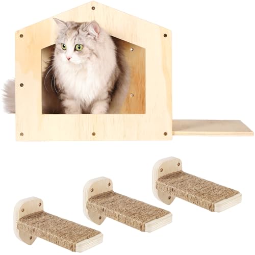 COOLEX Katzen-Wandregale, Katzenregale für Wand, Katzenhaus Wandmöbel, Katzen-Condo Regal mit 3 Stufen Kratzbaum, Katzenbett Hängematte Wandmontage Kletterregal Wandhalterung für Indoor Katzen (Holz) von COOLEX