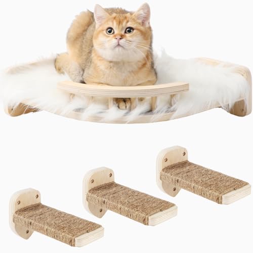 COOLEX Katzenwandregale, Katzenregale und Sitzstangen für Wand, Katzenwandmöbel, Eck-Katzenregal mit 3 Stufen Kratzbaum, Katzenbett Hängematte mit Plüsch bezogen, Kletterregal für Indoor-Katzen(Holz) von COOLEX