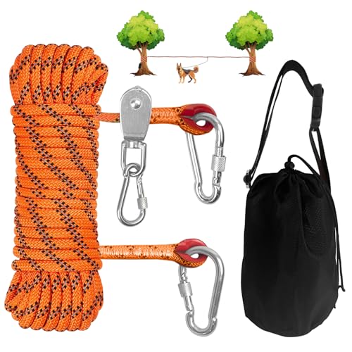 Dog Camping Essentials Gear 15,2 m tragbares Überkopf-Trolley-System, Hundeleine, Camping-Leine für Hunde bis zu 90 kg, Hunde-Auslaufkabel für Camping, Hof, Park, Spaziergang, Orange von COOLYARD