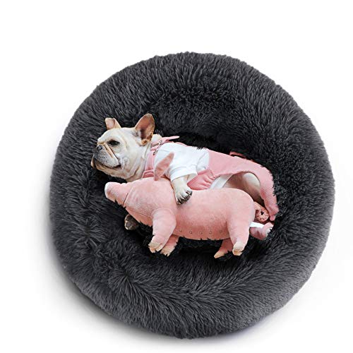 COOSLEEP HOME Beruhigendes Hundebett für Hunde und Katzen, mit Kunstfell, Donut-Kuscheltier und rutschfester wasserdichter Boden, maschinenwaschbar, strapazierfähig (S(58,4 x 58,4 cm, dunkelgrau) von COOSLEEP HOME