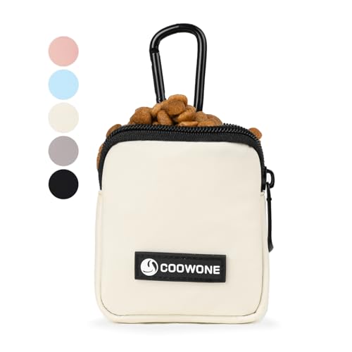 Wasserdichte Leckerli-Tasche für Hunde, Hundetraining, Leckerli-Tasche mit integriertem Kotbeutelspender, verstellbare Schultertasche (BLK) (beigefarbene kleine Tasche) von COOWONE