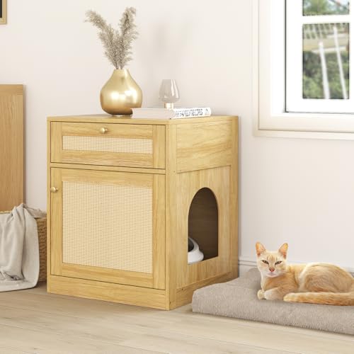 COSLIANA Katzentoilette Gehege Versteckte Katzentoilette Möbel Indoor Holz Katzenhaus Rattan Beistelltisch mit Schublade Eiche von COSLIANA