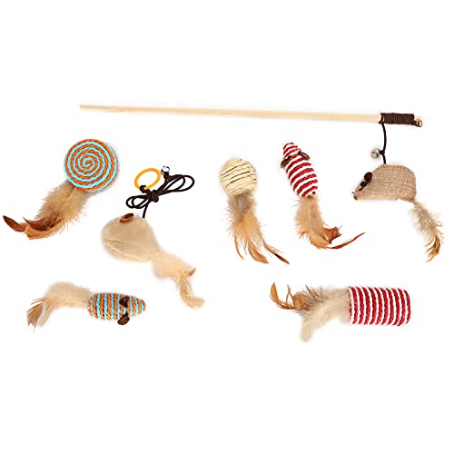 COSMICROWAVE Linen Interactive Kitten Toys Assortments Cat Feather Wand with Mice Pet Toy, Cat Feather Toy Refills, Cat Teaser Wand Attachments, Interactive Cat Toys for Indoor Cats von COSMICROWAVE