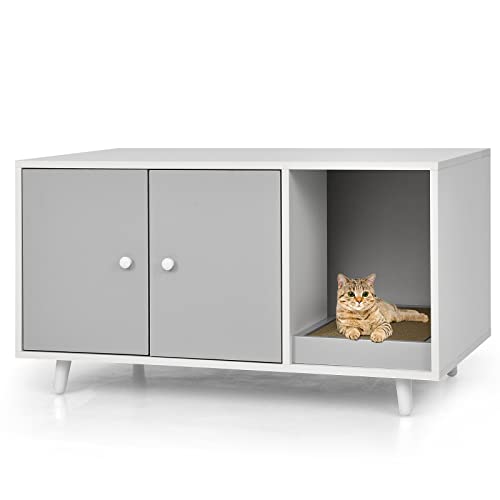 COSTWAY 2 in 1 Beistelltisch und Katzenschrank mit Kratzbrett, Katzenklo Kaffeetisch, Katzenhaus Katzenhöhle Katzentoilette Holz, 90x50x50cm (Grau) von COSTWAY