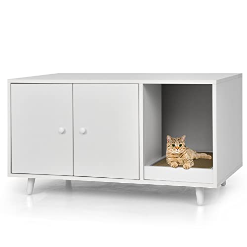 COSTWAY 2 in 1 Beistelltisch und Katzenschrank mit Kratzbrett, Katzenklo Kaffeetisch, Katzenhaus Katzenhöhle Katzentoilette Holz, 90x50x50cm (Weiß) von COSTWAY