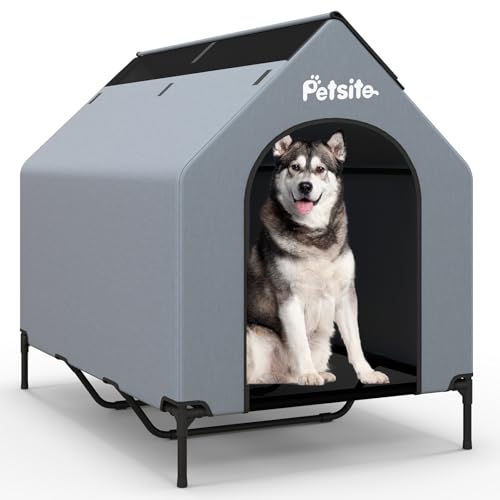 COSTWAY 2 in 1 Hundehütte & erhöhtes Hundebett, Hundeliege Outdoor, Haustierhaus mit atmungsaktivem Netzgewebe & Abnehmbarer Abdeckung, Hundehaus für große Hunde, Oxford, Grau (84 x 132 x 114 cm) von COSTWAY